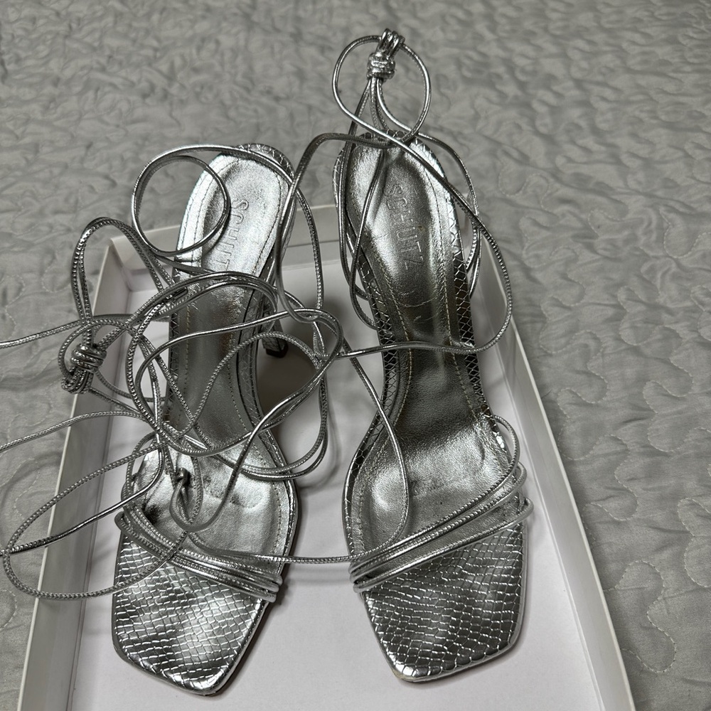Schutz Thea Metallic Silver Strappy Heels
